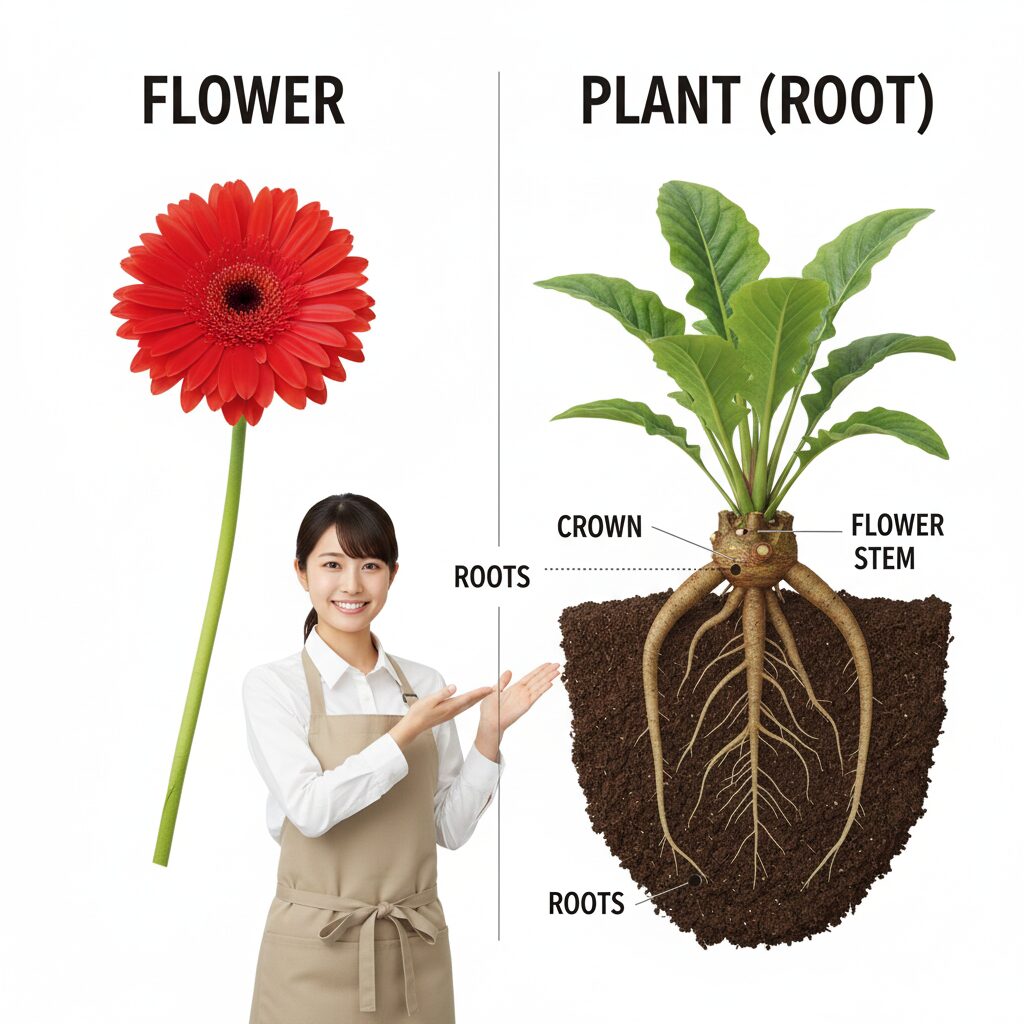 ガーベラ 鉢植え 寿命　ガーベラの構造図：地中の根と成長点（クラウン）および花茎の位置関係