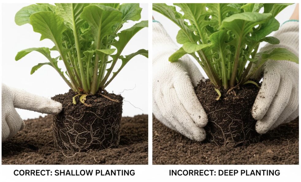 ガーベラ 鉢植え 寿命　ガーベラのクラウン（成長点）の拡大写真：土に埋まらない正しい浅植えの状態