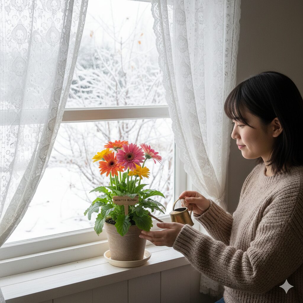 ガーベラ 鉢植え 寿命　冬越しのための置き場所：室内の日当たりが良い窓辺に置かれたガーベラ