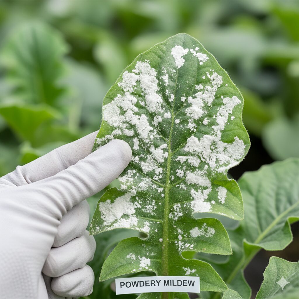 ガーベラ 鉢植え 寿命　ガーベラの葉に発生したうどんこ病の初期症状：白い粉状のカビ