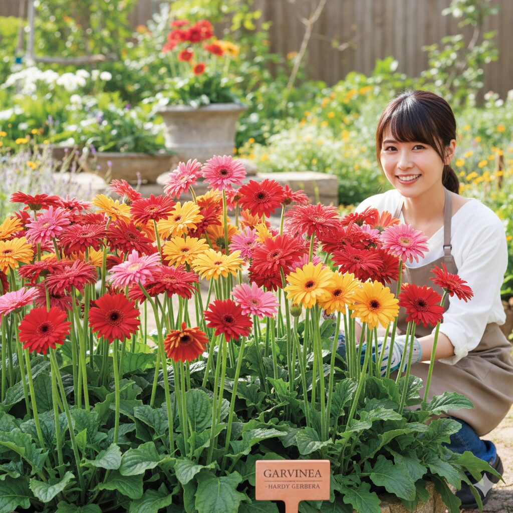 ガーベラ 鉢植え 寿命　耐寒性が高く屋外の庭植えでも育つガーデンガーベラ「ガルビネア」の群生