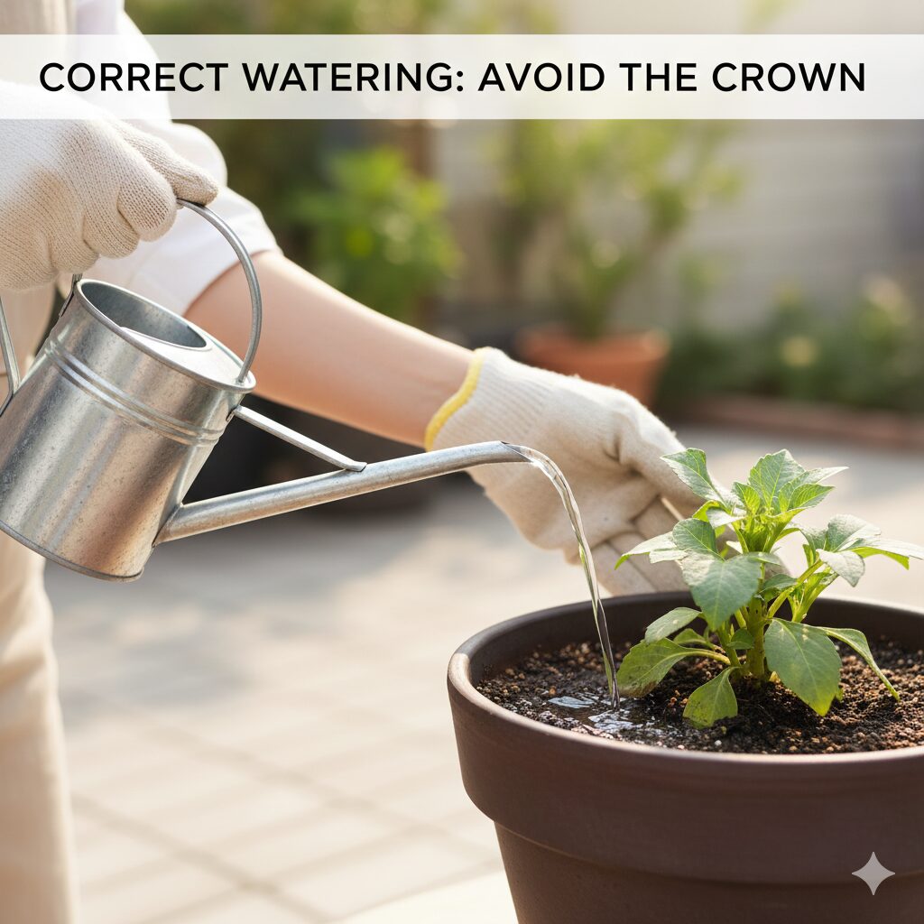 ガーベラ 鉢植え 寿命　ガーベラの正しい水やり方法：株の中心を避けて鉢の縁から土に水を注ぐ