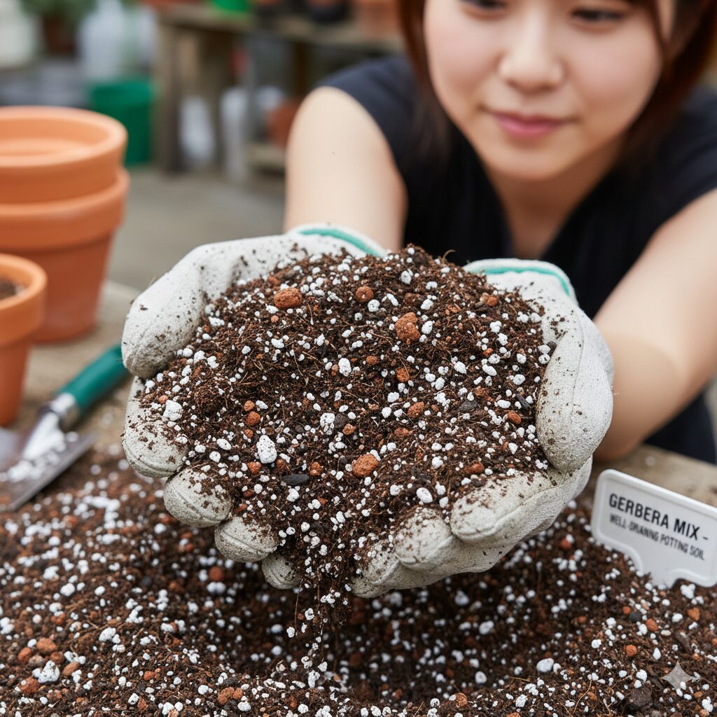 ガーベラ 鉢植え 寿命　ガーベラの植え替えに適した水はけの良い土：赤玉土やパーライトの配合例