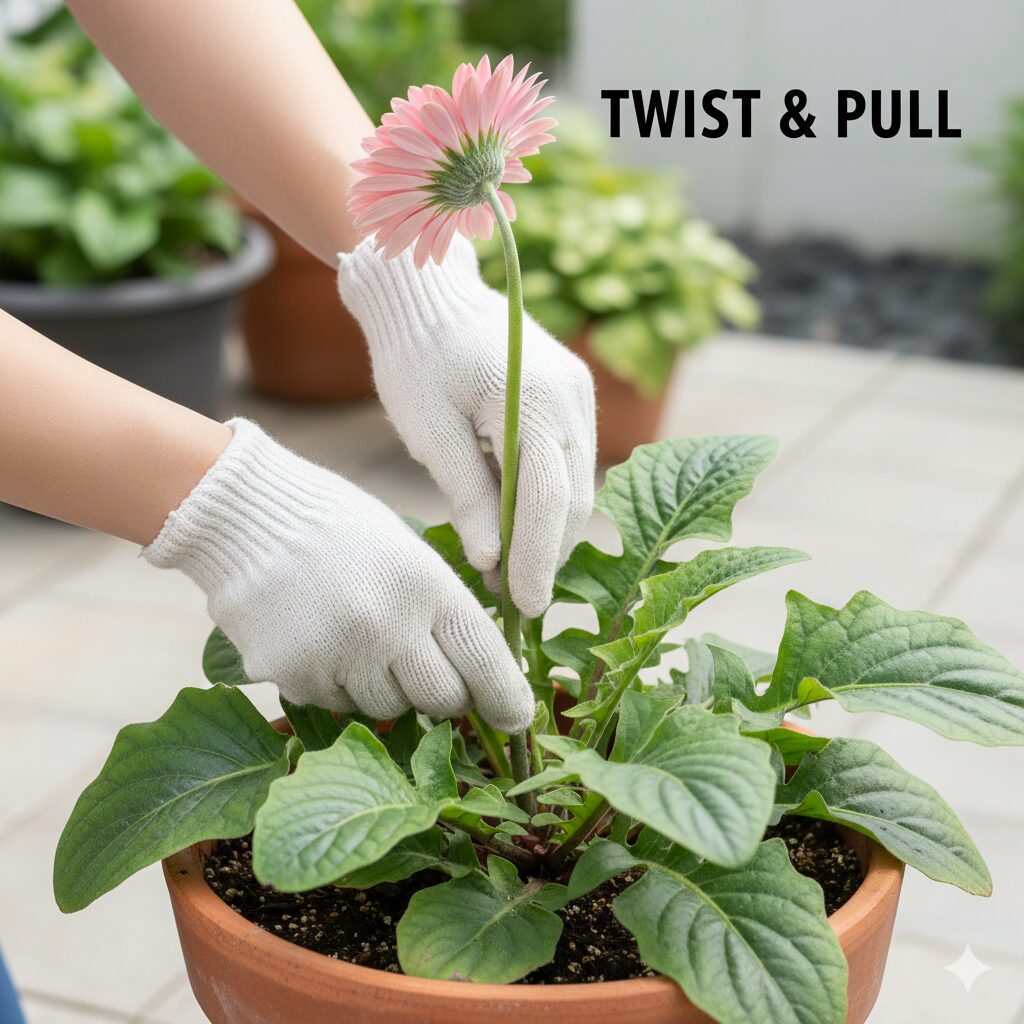 ガーベラ 鉢植え 寿命　ガーベラの花がら摘み：ハサミを使わず茎の根元から手で引き抜く様子