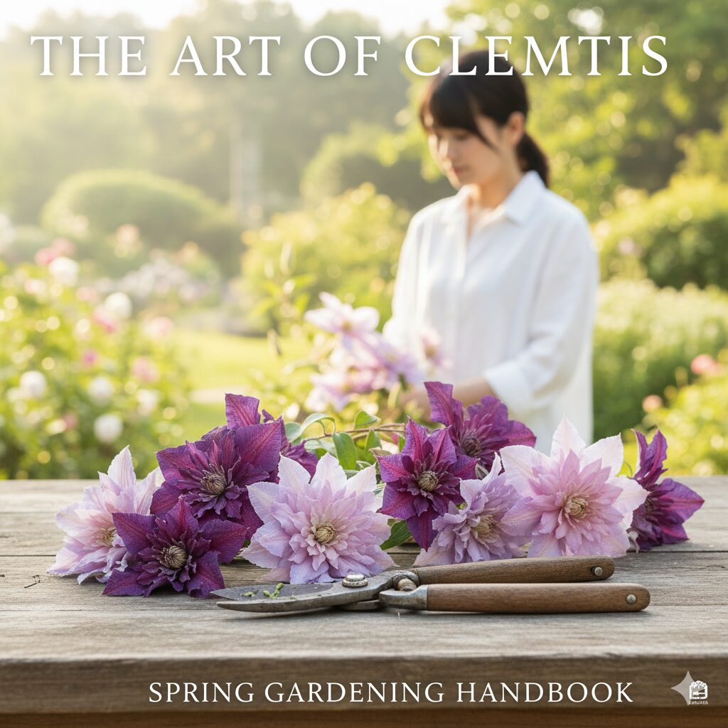 クレマチス 剪定 図解　　庭のテーブルに置かれた剪定バサミと満開のクレマチスの花