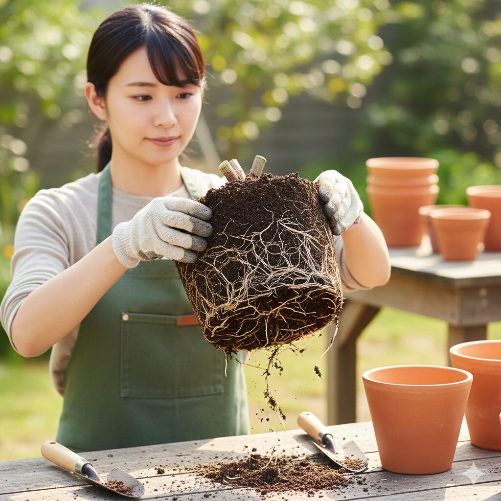 クレマチス 剪定 図解　植え替え時に根を傷めないよう根鉢を崩さずに取り出したクレマチスの苗