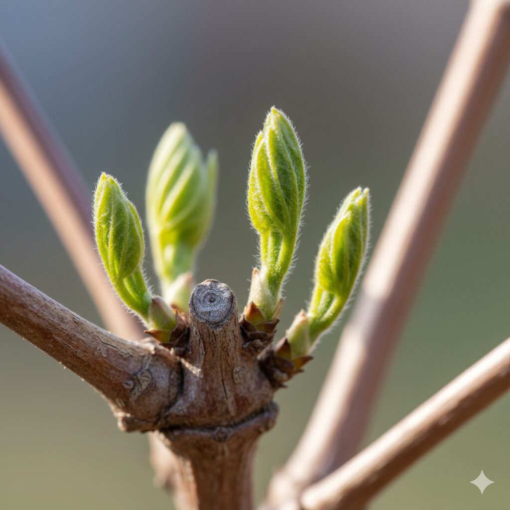クレマチス 剪定 図解　クレマチスの冬の枯れ枝から芽吹くふっくらとした新芽の拡大写真
