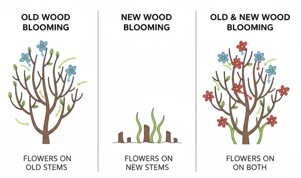 クレマチス 剪定 図解　クレマチスの3系統（旧枝咲き・新枝咲き・新旧両枝咲き）の芽の出方と開花枝の違いを示した図解