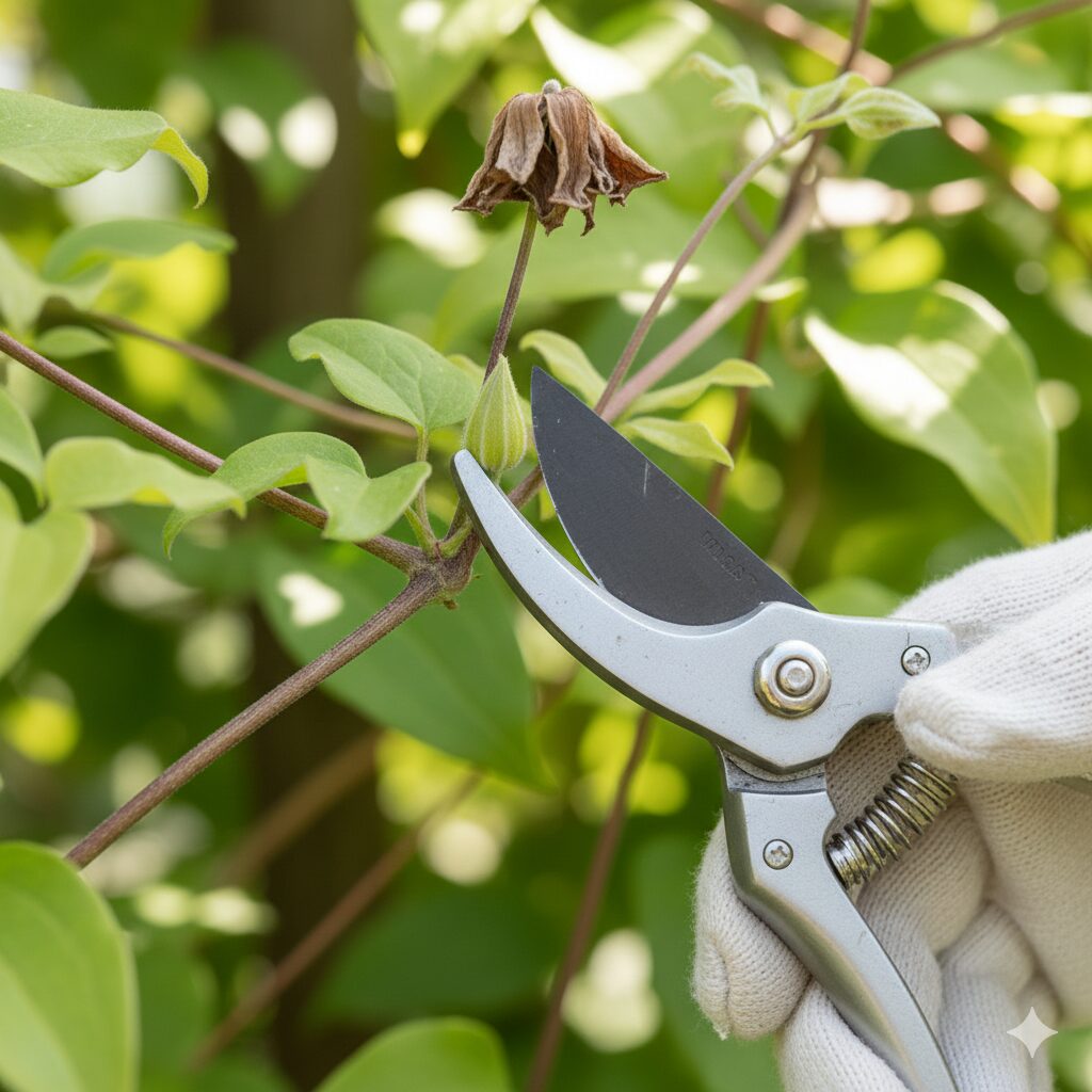 クレマチス 剪定 図解　旧枝咲きクレマチスの弱剪定：花首から1〜2節下の芽の上でハサミを入れる位置