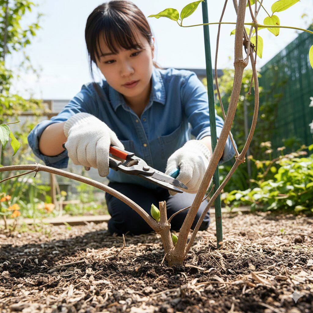 クレマチス 剪定 図解　新枝咲きクレマチスの強剪定：地際から2〜3節残して太い枝を切り戻す様子