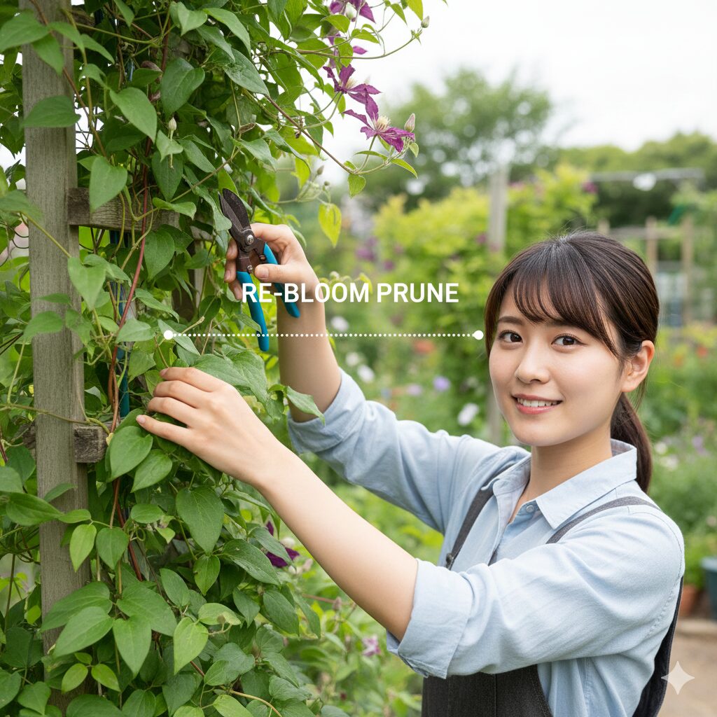 クレマチス 剪定 図解　新旧両枝咲きクレマチスの中間剪定：つるの先端から2〜3割の位置で行う切り戻しの目安