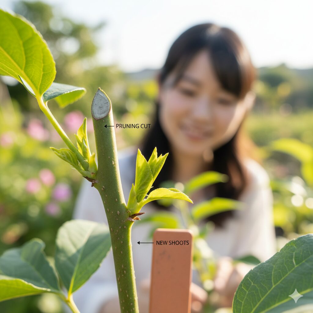クレマチス 剪定 図解　花後の剪定後に節から元気に伸び始めたクレマチスの二番花の脇芽