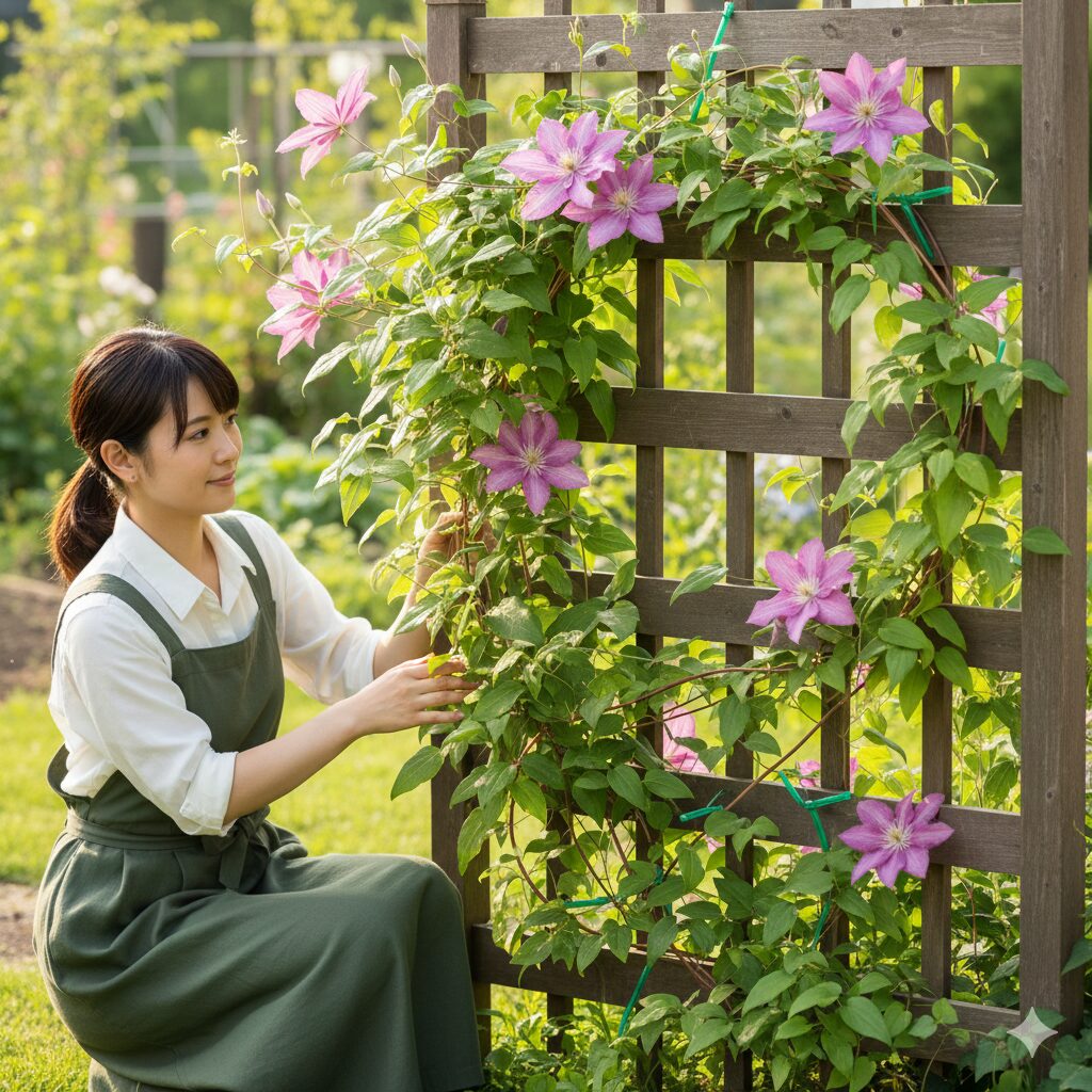 クレマチス 剪定 図解　花付きを良くするためにオベリスクへS字や螺旋状に水平誘引されたクレマチスのつる