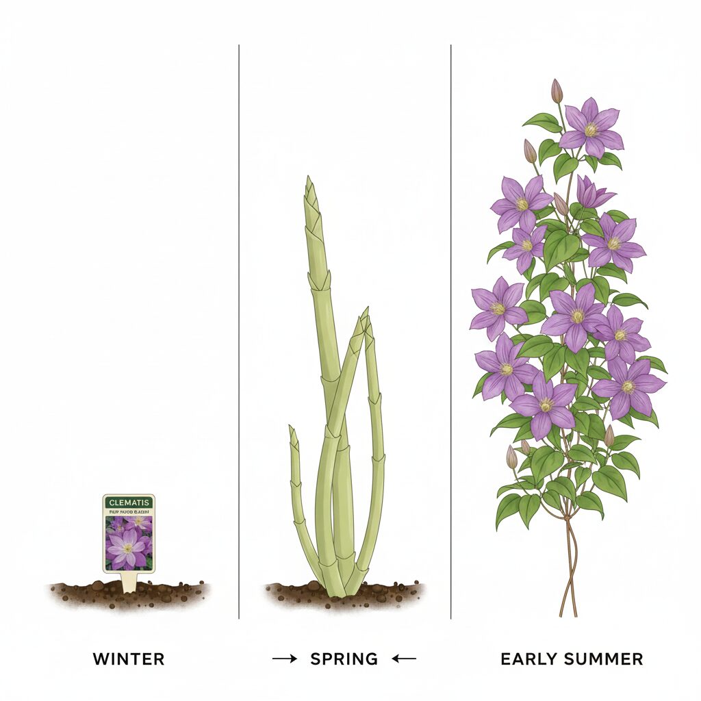 クレマチス 四季咲き 初心者　地面から新芽が伸びて開花するクレマチスの新枝咲き品種の成長サイクルの仕組み図解