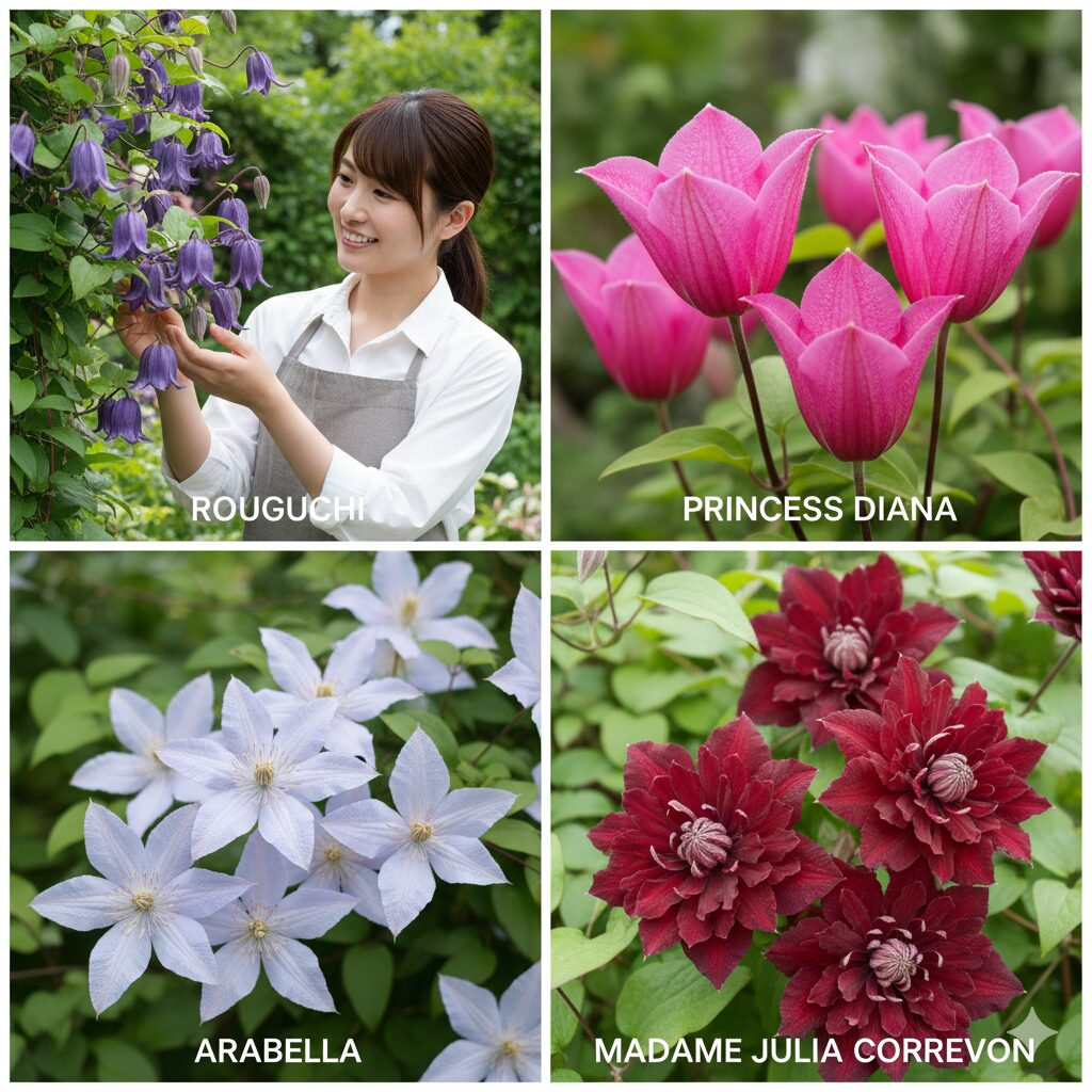 初心者におすすめの四季咲きクレマチス品種比較：プリンセス・ダイアナ、ロウグチ、アラベラ、マダム・ジュリア・コレボン