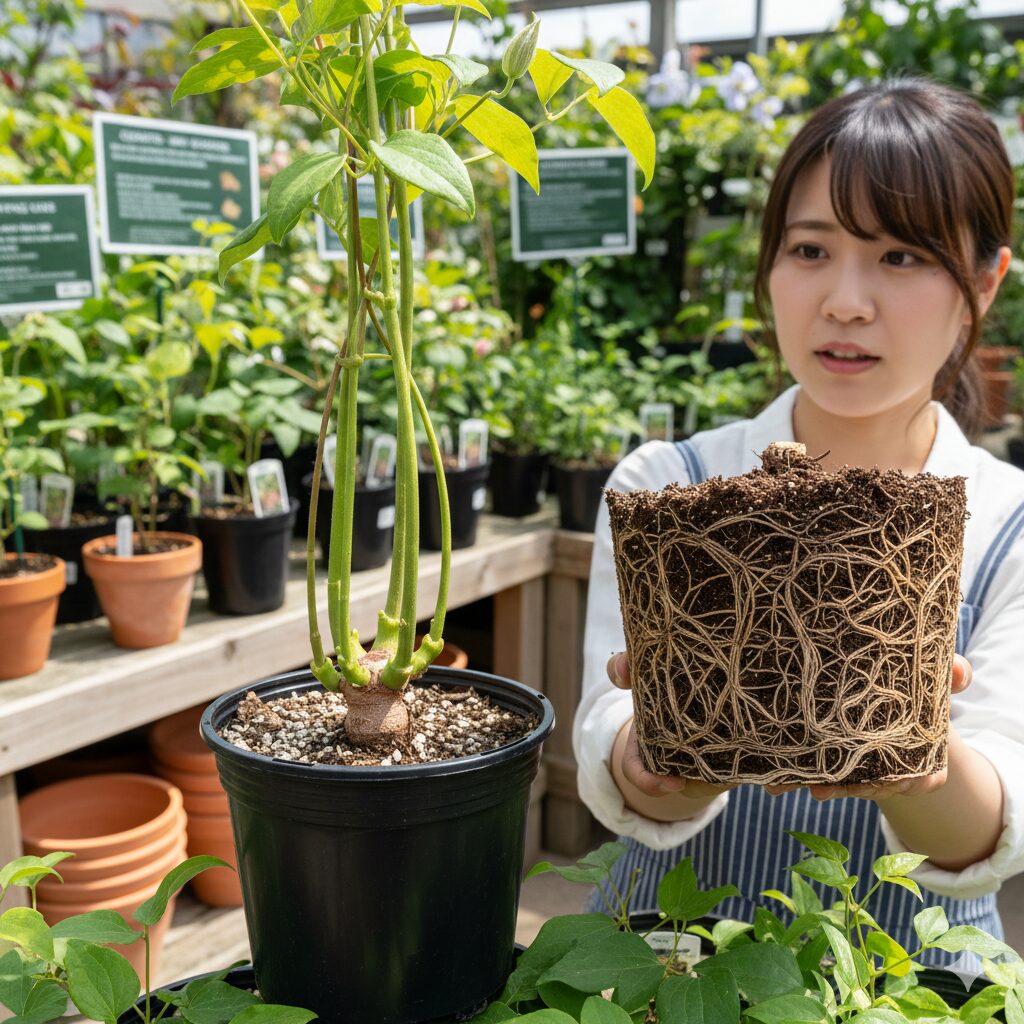 クレマチス 四季咲き 初心者　株元が太く芽数が多い健康なクレマチス苗の選び方と植え替えが必要な根詰まりした根鉢の状態