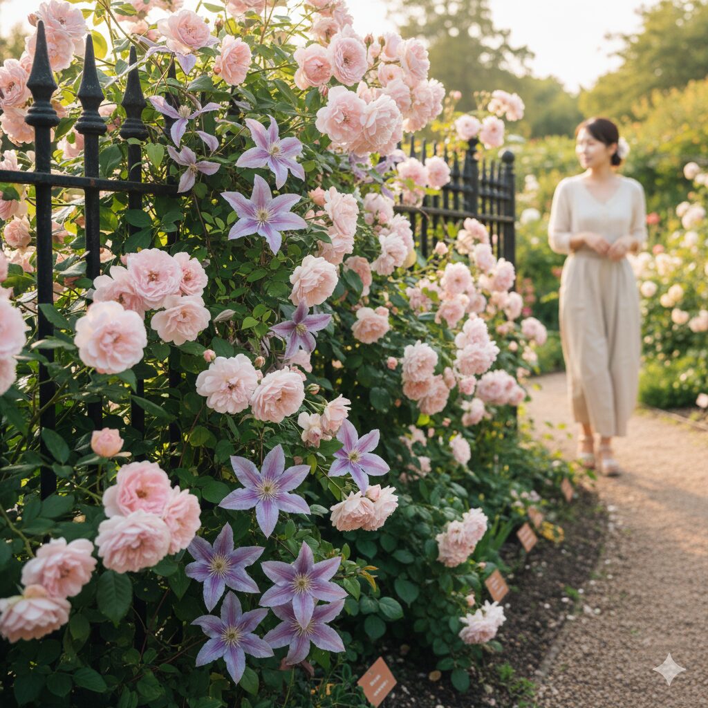 クレマチス 流星 販売時期　ピンクのバラとクレマチス流星がフェンスで混植され共演している庭の風景
