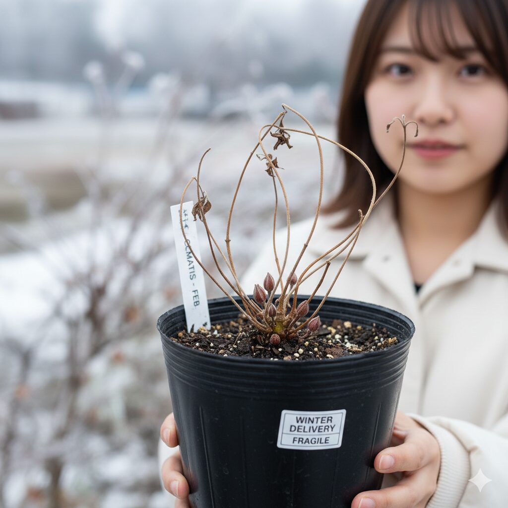 クレマチス 流星 販売時期　冬の休眠期に届くクレマチス苗、地上部が枯れて新芽だけがある状態