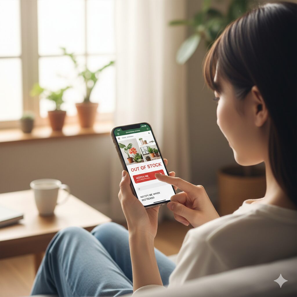 クレマチス 流星 販売時期　スマートフォンの画面越しに園芸通販サイトを見ている様子。「在庫なし」の文字の横にある「再入荷通知を受け取る」ボタンを指で押そうとしているシーン。背景はリビングなどの日常風景。