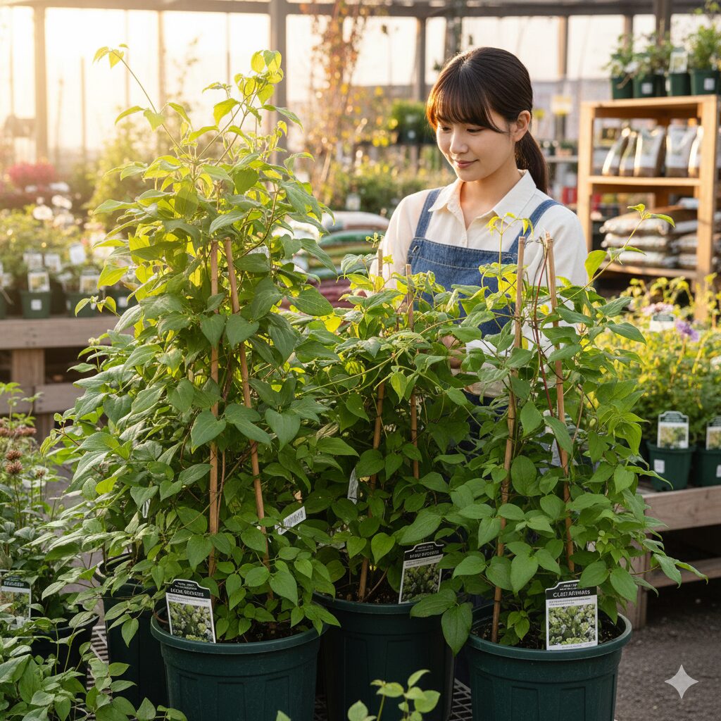 クレマチス 流星 販売時期　秋に販売される葉が茂り根が充実したクレマチス流星の苗