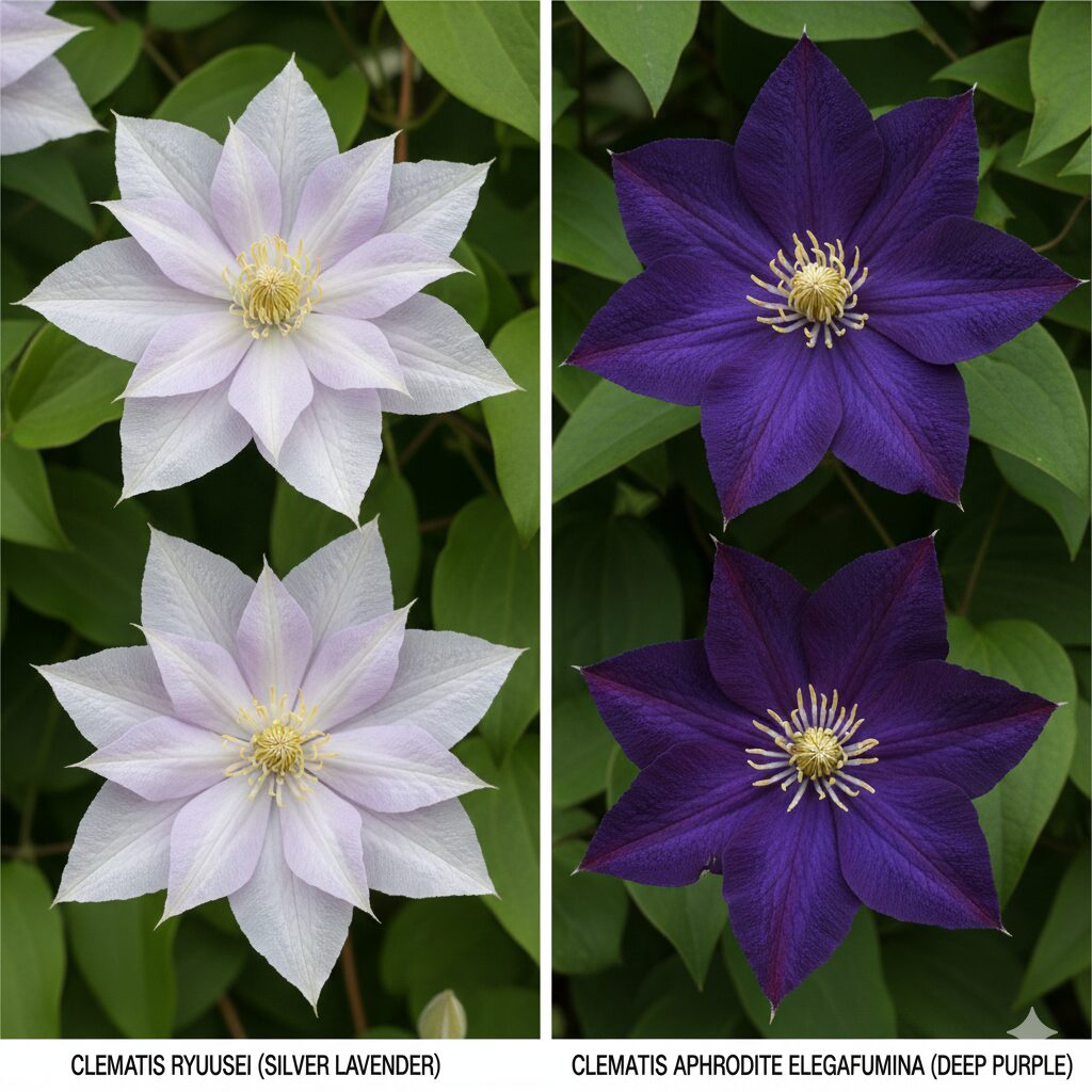 クレマチス 流星 販売時期　クレマチス流星とアフロディーテ・エレガフミナの花色と花形の比較写真