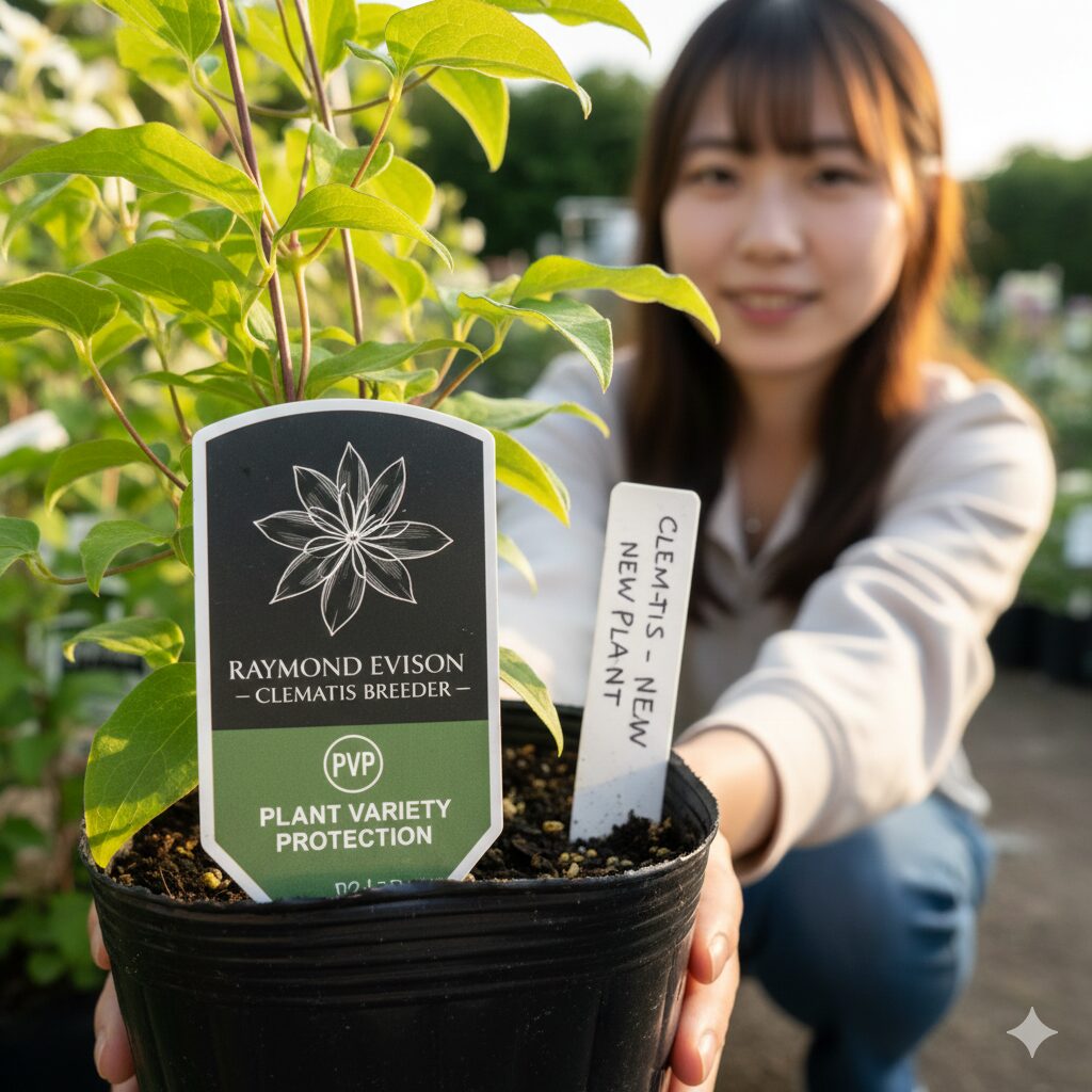 クレマチス 流星 販売時期　クレマチス流星の正規苗に付いている品種登録（PVP）マーク入りの公式ラベル