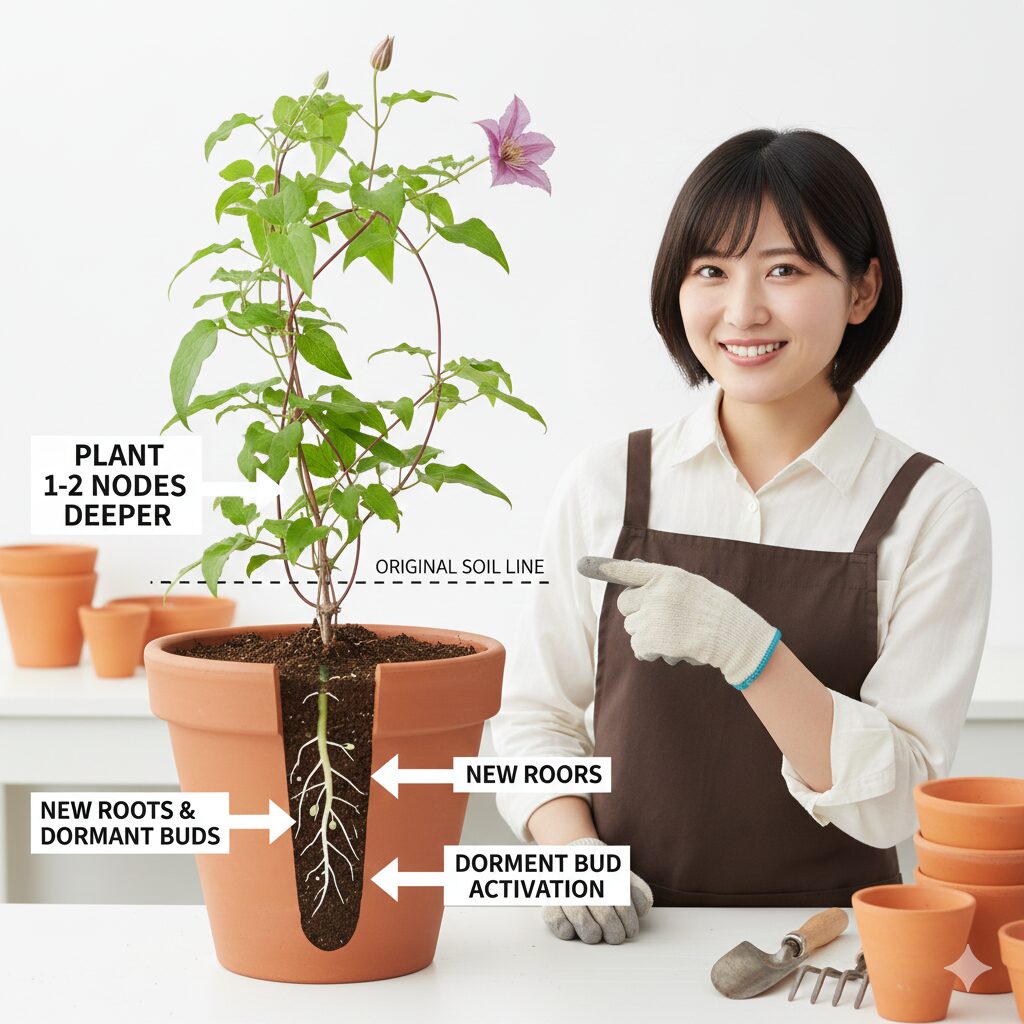 クレマチス 流星 販売時期　クレマチスの深植えの図解、つるの節を土の中に埋める正しい植え方