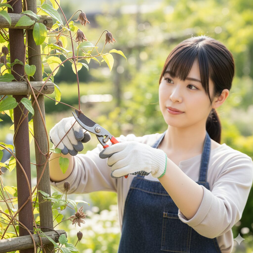 クレマチス 流星 販売時期　新枝咲きクレマチスの花後剪定の位置、つるの半分程度で切り戻す方法