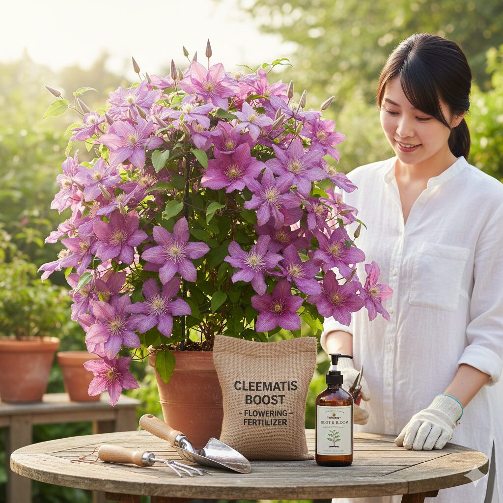 クレマチス 肥料 時期　　満開に咲く健康的なクレマチスの鉢植えと園芸用肥料