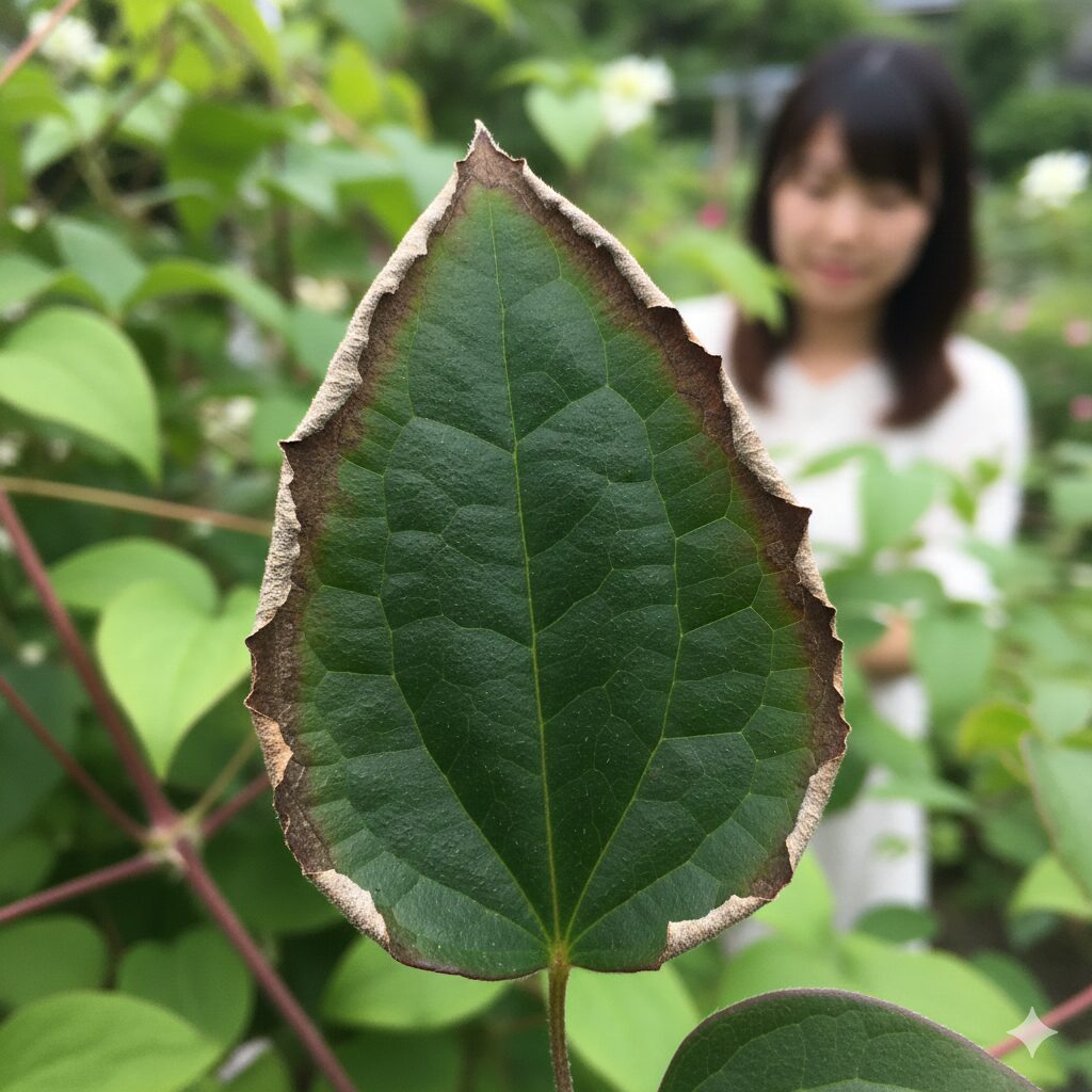 クレマチス 肥料 時期　肥料のやりすぎによる濃度障害（肥料焼け）で葉の縁が枯れた症状