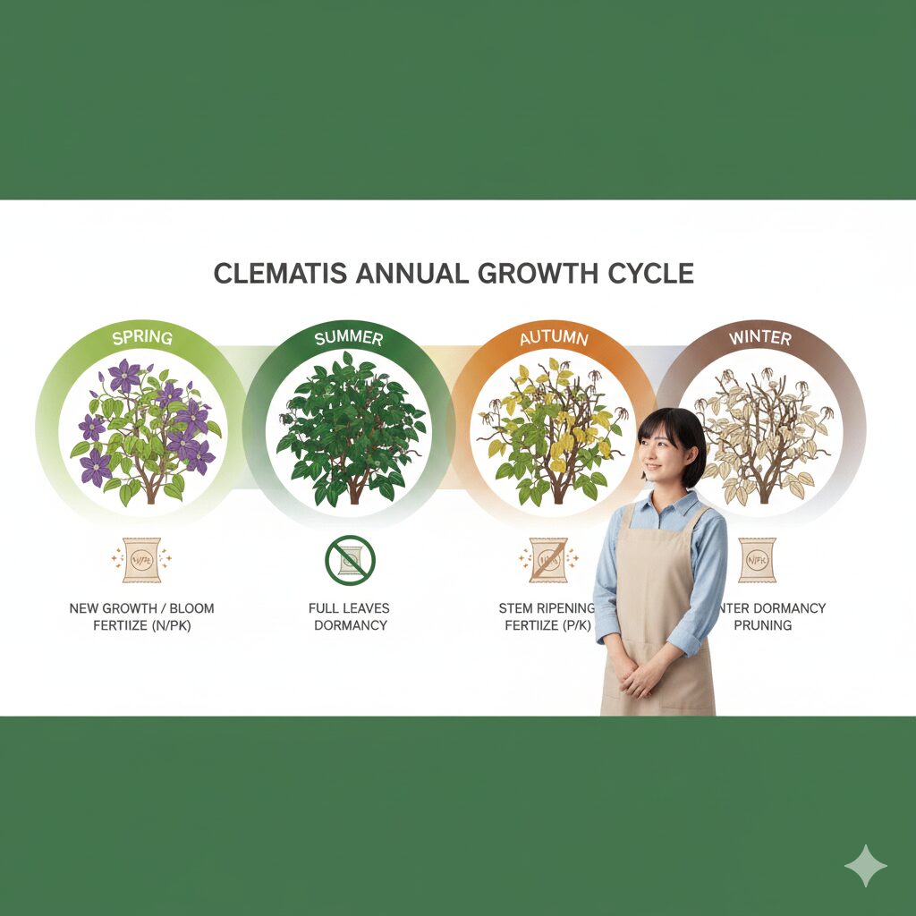 クレマチス 肥料 時期　クレマチスの年間成長サイクルと施肥のタイミングを図解したカレンダー