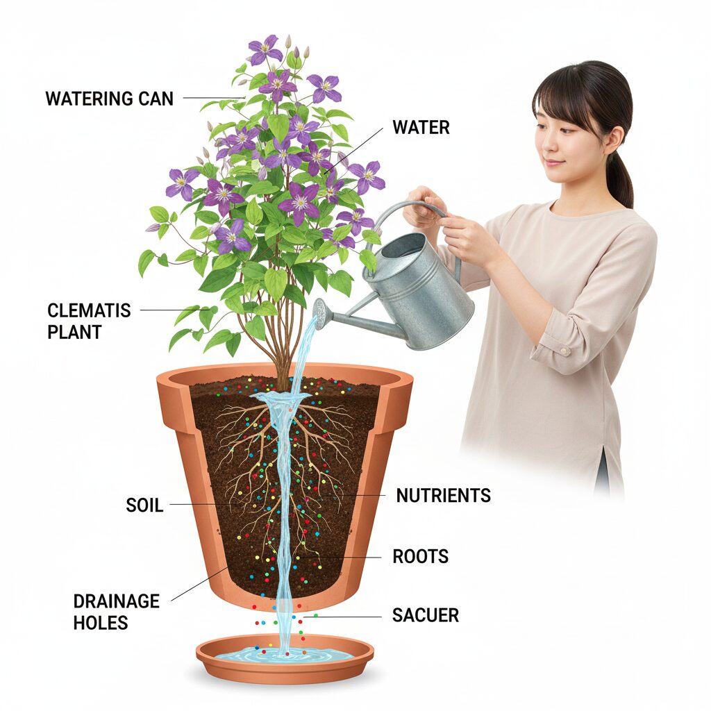 クレマチス 肥料 時期　鉢植えの水やりによって肥料成分が流出するリーチングの仕組み図解