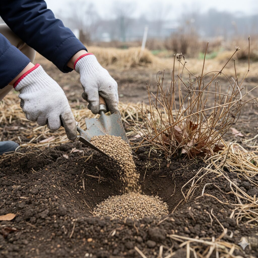 クレマチス 肥料 時期　冬に行うクレマチスの寒肥作業で有機肥料を土に埋め込む様子