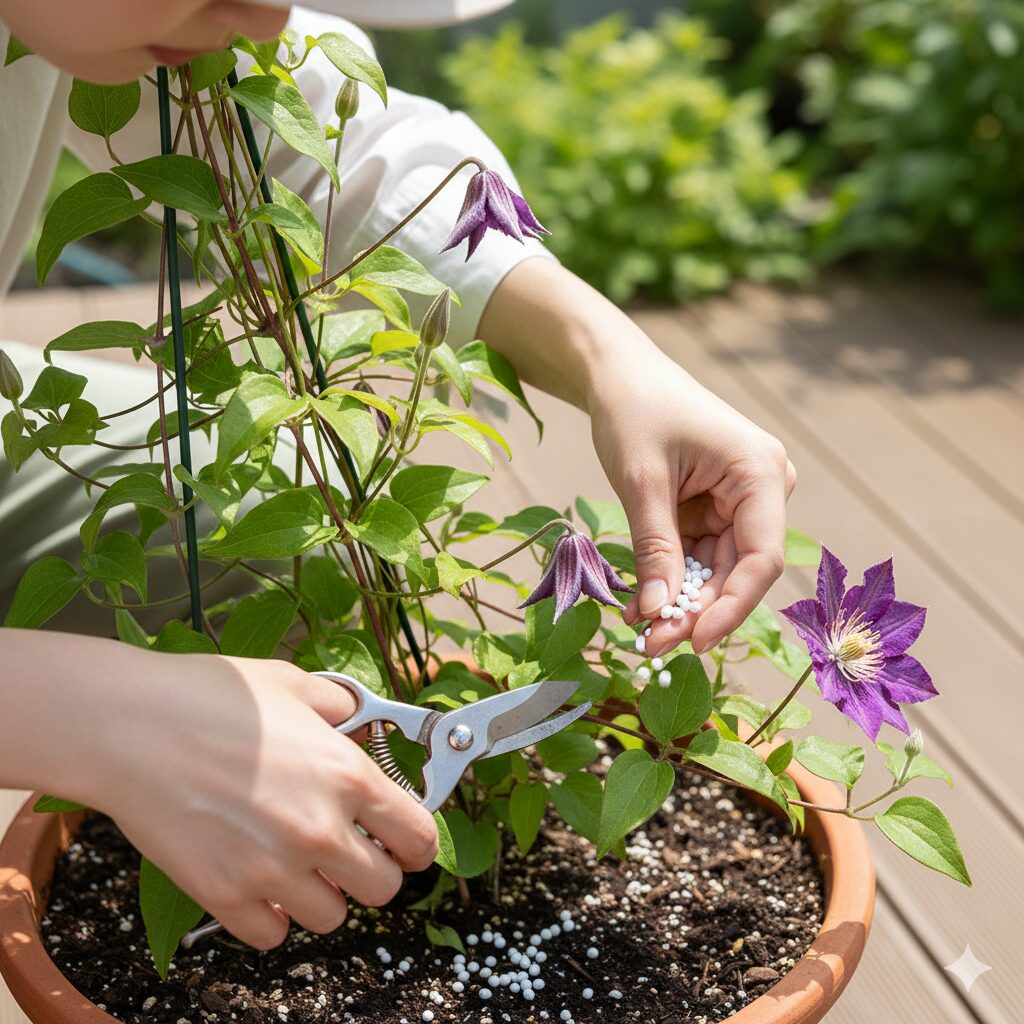 クレマチス 肥料 時期　クレマチスの花殻摘みと花後のお礼肥を与える手順