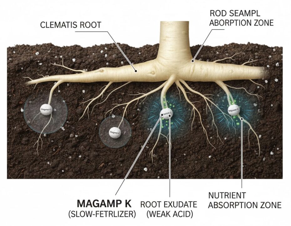 クレマチス 肥料 時期　根酸に反応して溶け出す緩効性肥料と根の吸収メカニズム