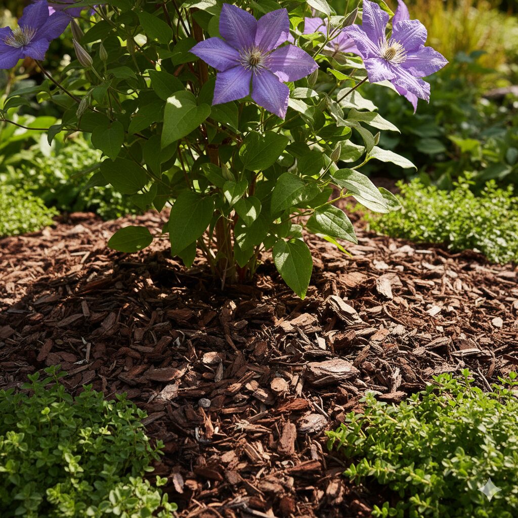 クレマチスの育て方 地植え クレマチスの頭寒足熱対策:株元のマルチングと下草による日陰作り