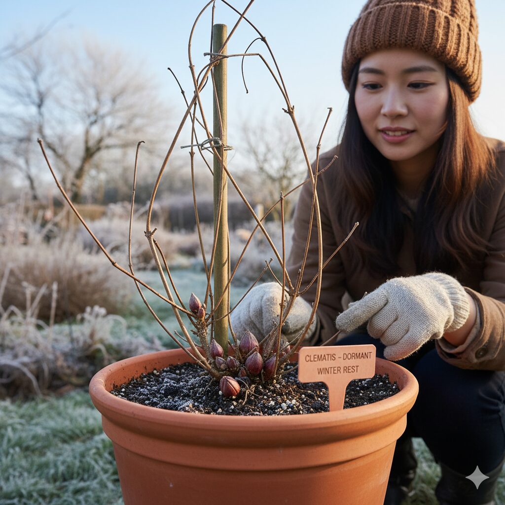 クレマチスの育て方 地植え 地植え適期である冬の休眠期におけるクレマチスの苗と充実した冬芽