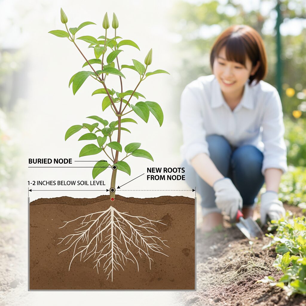 クレマチスの育て方 地植え クレマチスの深植え方法:つるの1〜2節を土に埋めて植え付ける断面図解