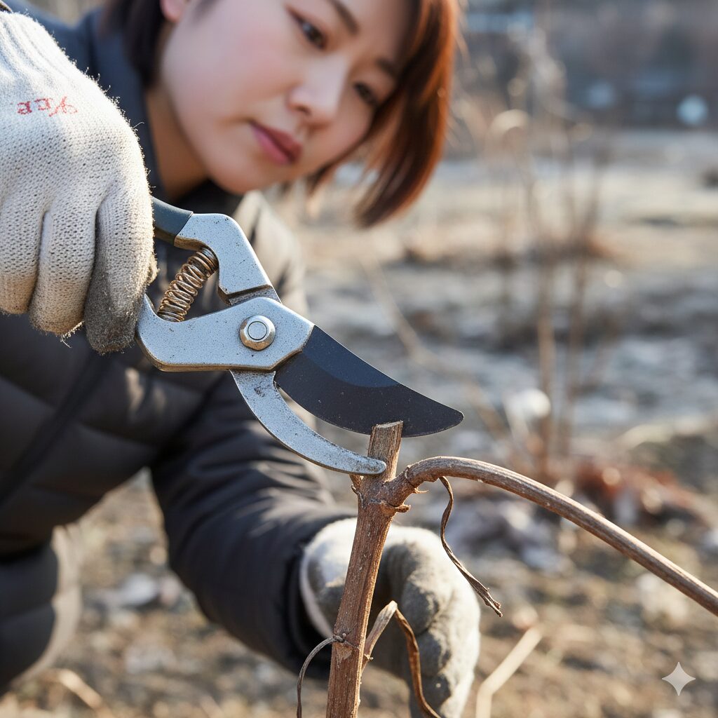 クレマチスの育て方 地植え 新枝咲きクレマチスの強剪定:冬に地際付近でバッサリとカットする様子