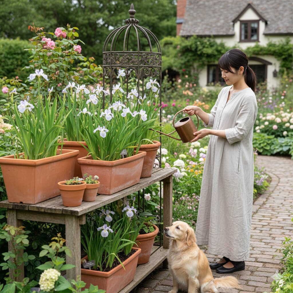 シャガ の 花 毒10　鉢植えで管理されているシャガ。ペットや子供の手が届かない場所に置くことで、誤食や接触のリスクを回避できる。