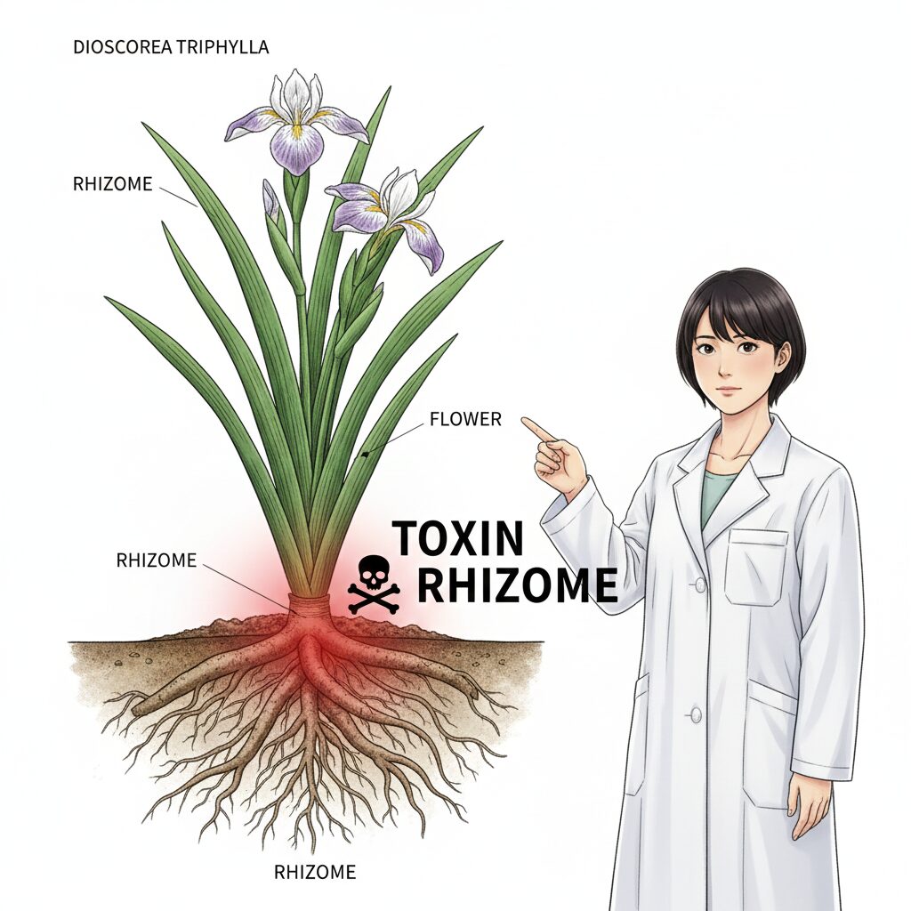 シャガ の 花 毒2　シャガの植物構造図。毒成分トリテルペノイドが高濃度で蓄積されている根茎（地下茎）の様子。