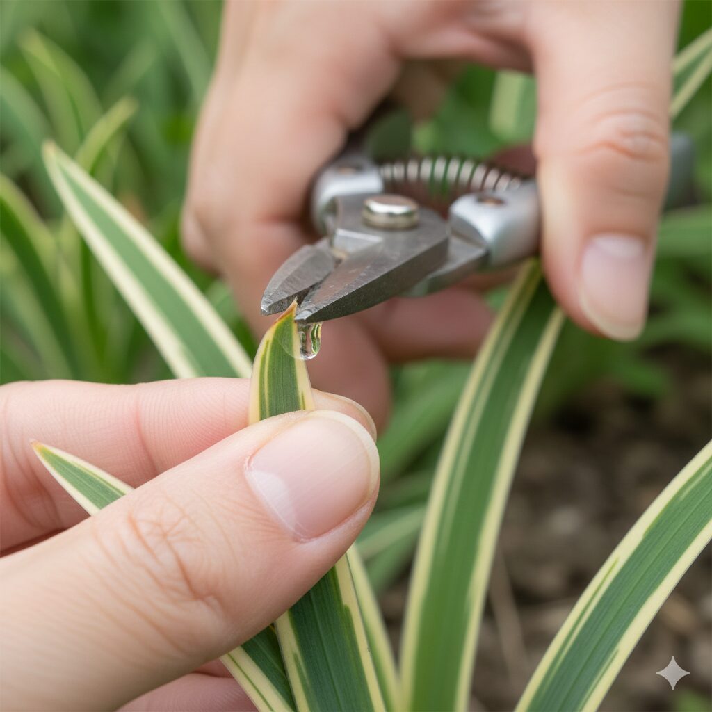 シャガ の 花 毒3　シャガの茎の切り口から滲み出る汁液。接触性皮膚炎（かぶれ）の原因となるため素手で触れるのは危険。