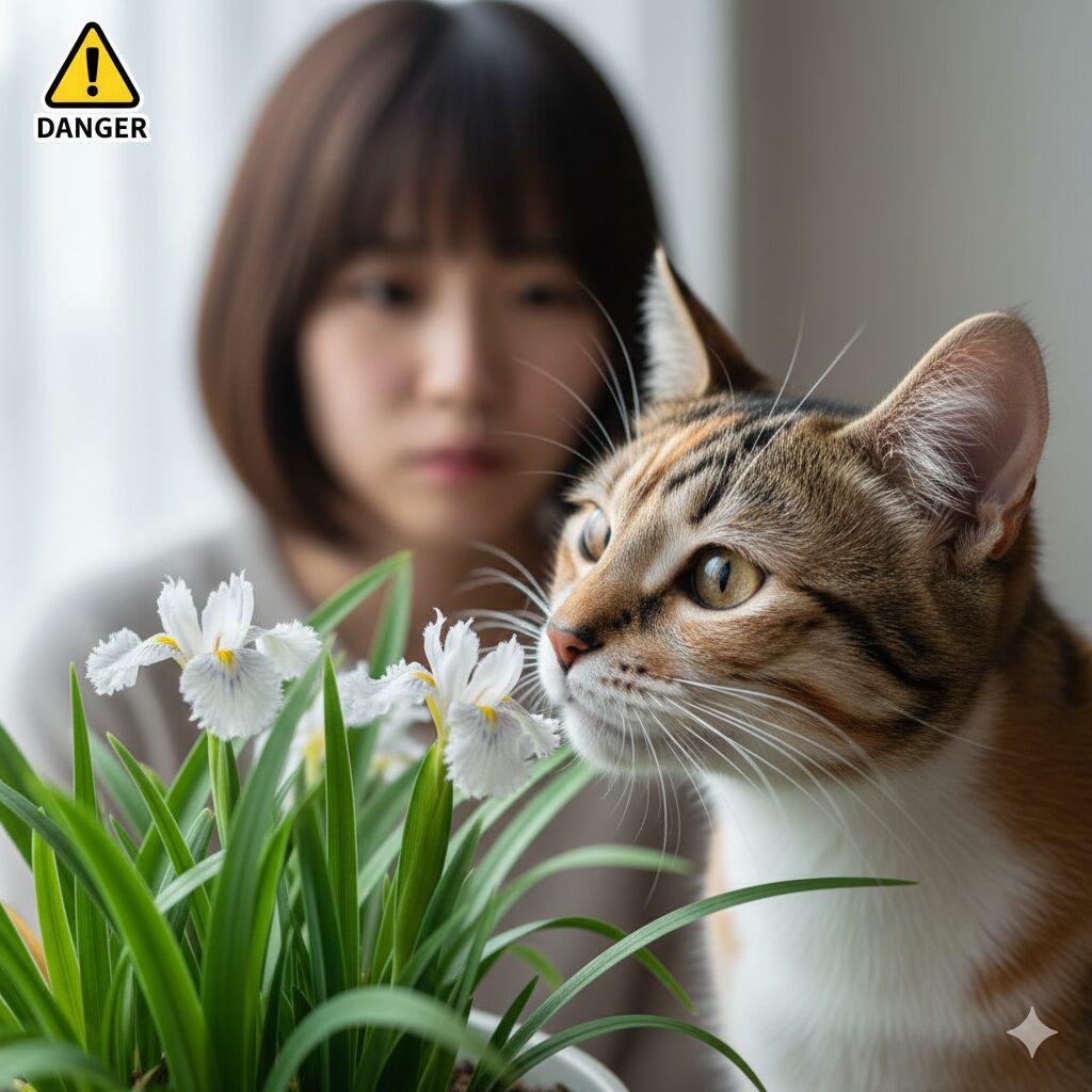 シャガ の 花 毒4　シャガの花に近づく猫。猫が誤食すると急性腎不全を引き起こす危険性が高く、厳重な注意が必要。