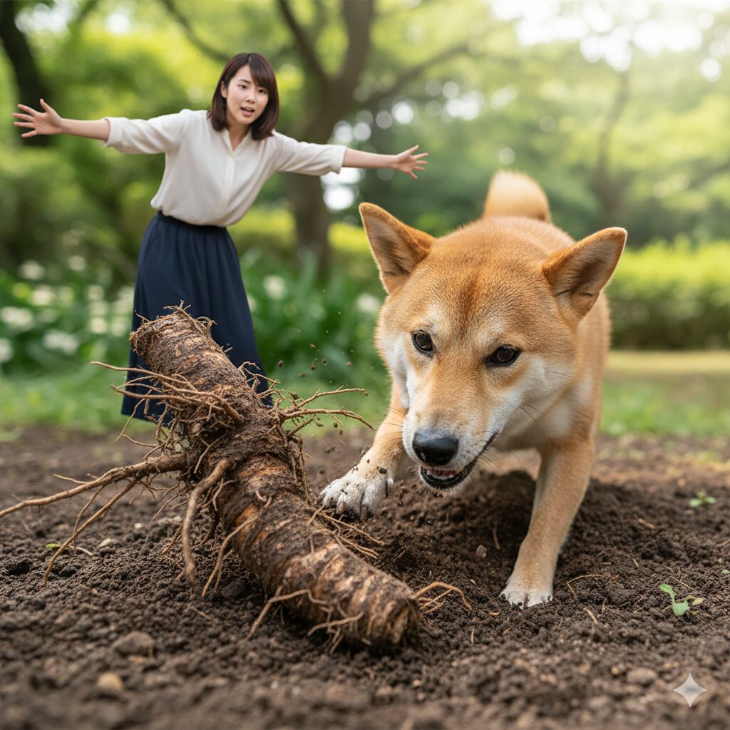 シャガ の 花 毒5　庭で穴掘りをしてシャガの根茎を掘り出す犬。毒性の強い根茎を誤食することによる中毒事故のイメージ。