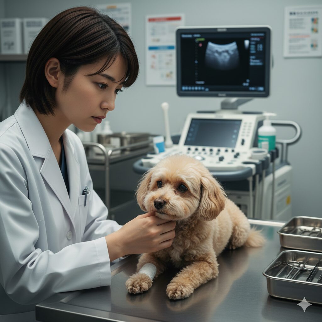シャガ の 花 毒6　動物病院で獣医師の診察を受けるペット。シャガ誤食時は自己判断せず、直ちに専門医の治療を受けることが重要。