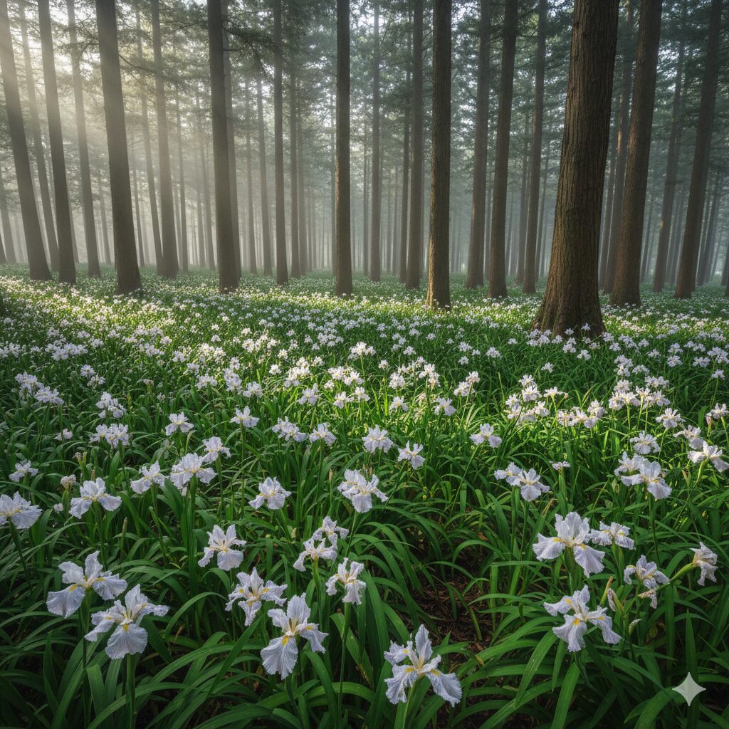 シャガ の 花 毒7　地面を覆い尽くすように群生するシャガ。地下茎による強力な繁殖力で広がるため、庭での管理には注意が必要。