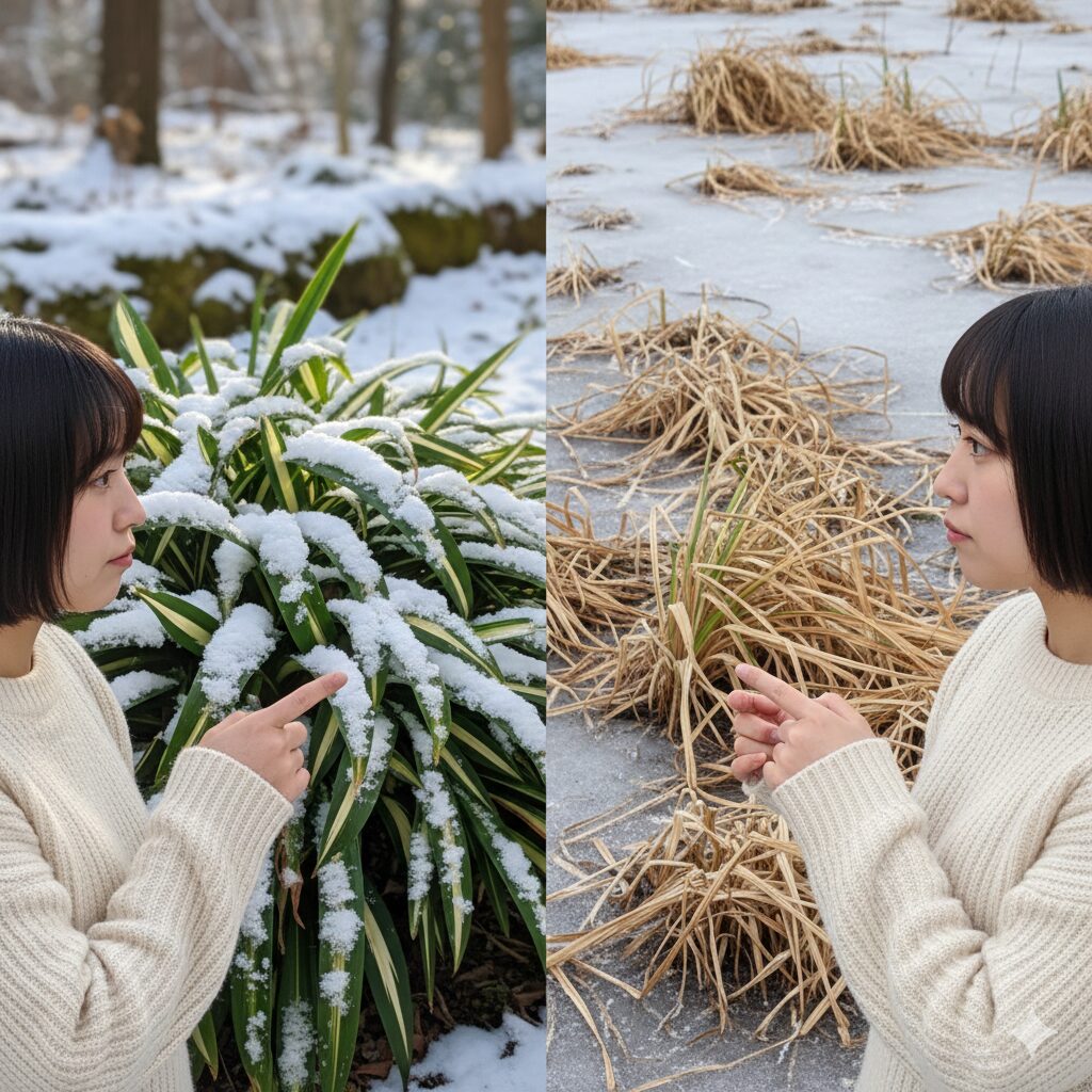 シャガ の 花 毒8　冬のシャガとヤブカンゾウの見分け方。常緑でツヤのあるシャガ（左）に対し、ヤブカンゾウ（右）は冬に地上部が枯れる。