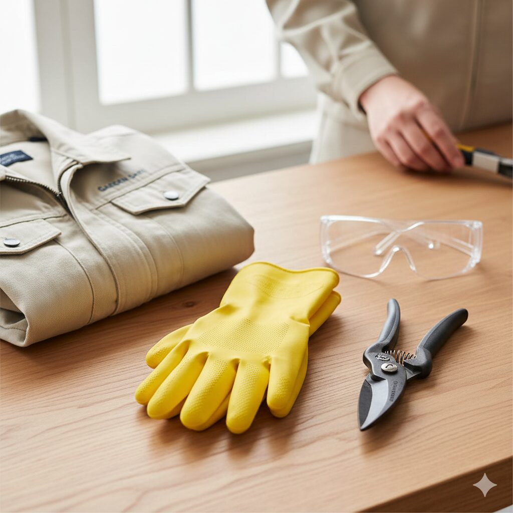 シャガ の 花 毒9　シャガの剪定作業に必要な安全装備。厚手の手袋、長袖、保護メガネを着用し、毒性のある汁液から肌を守る。