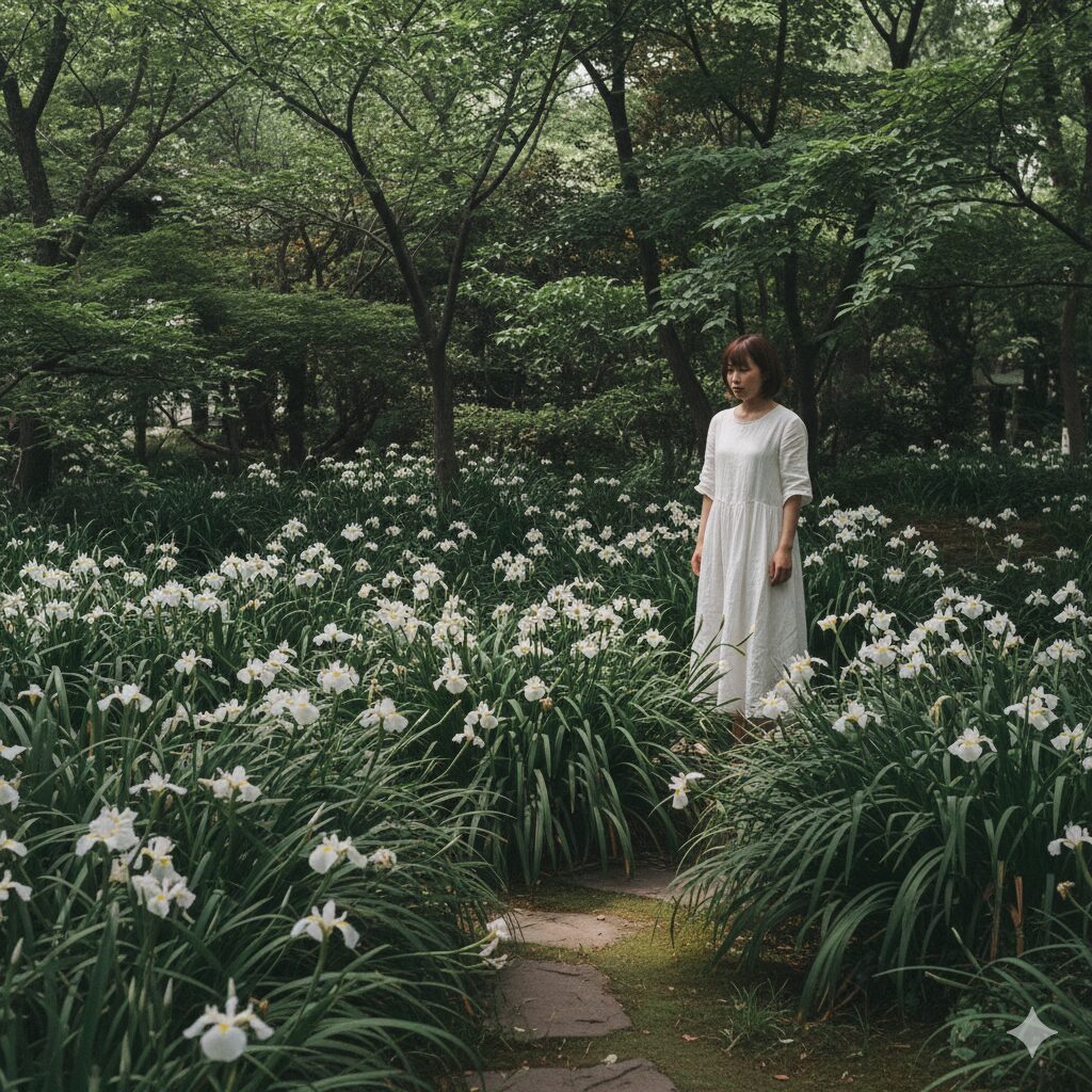シャガ 増えすぎ1　日陰の庭の通路を塞ぐほど増えすぎて群生したシャガの花と葉の様子