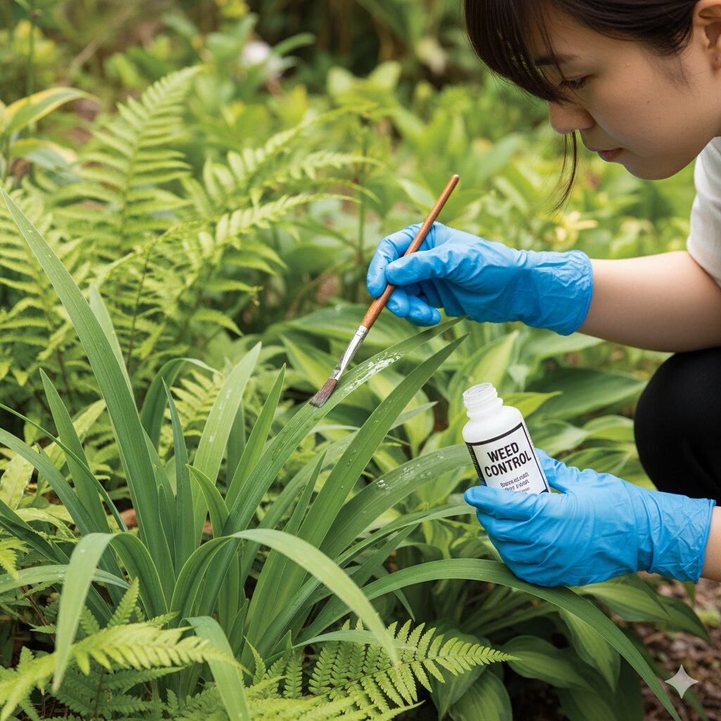シャガ 増えすぎ10　周囲の植物への飛散を防ぐため筆を使ってシャガの葉に直接除草剤を塗布する作業（ペインティング法）